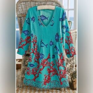 🐠Soft Surroundings Beach Coverup Tunic Dress Fish Print Medium Summer Vacation